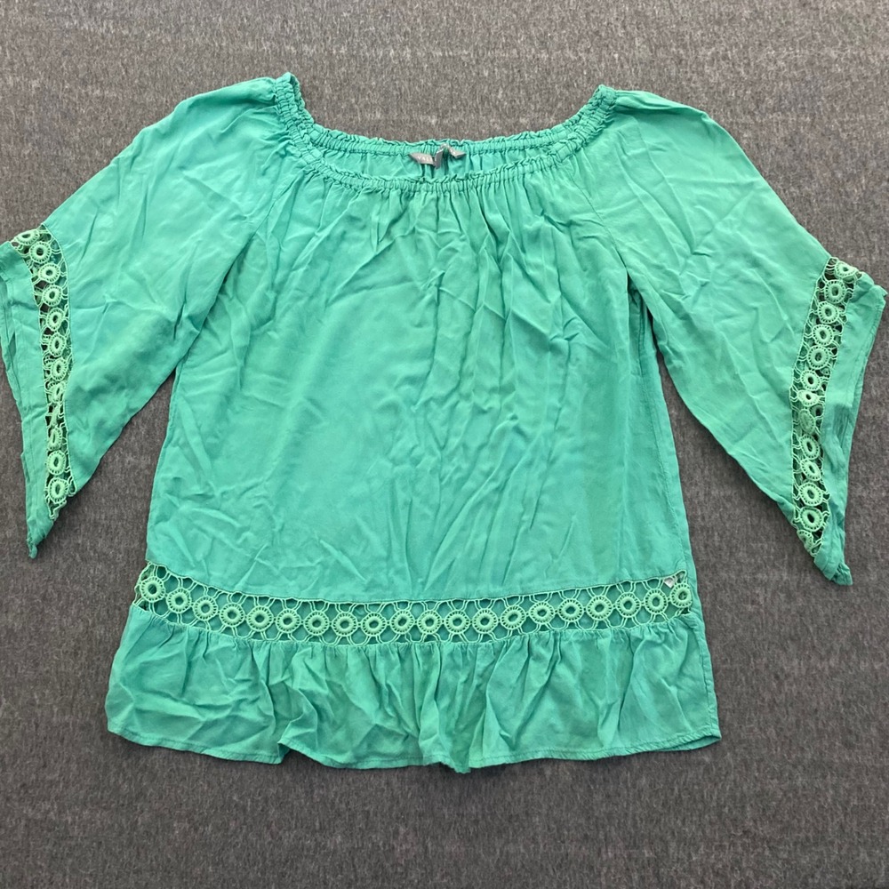 Valerie Stevens Green Crochet Trim Off Shoulder Ruffle Blouse Top Small Boho EUC